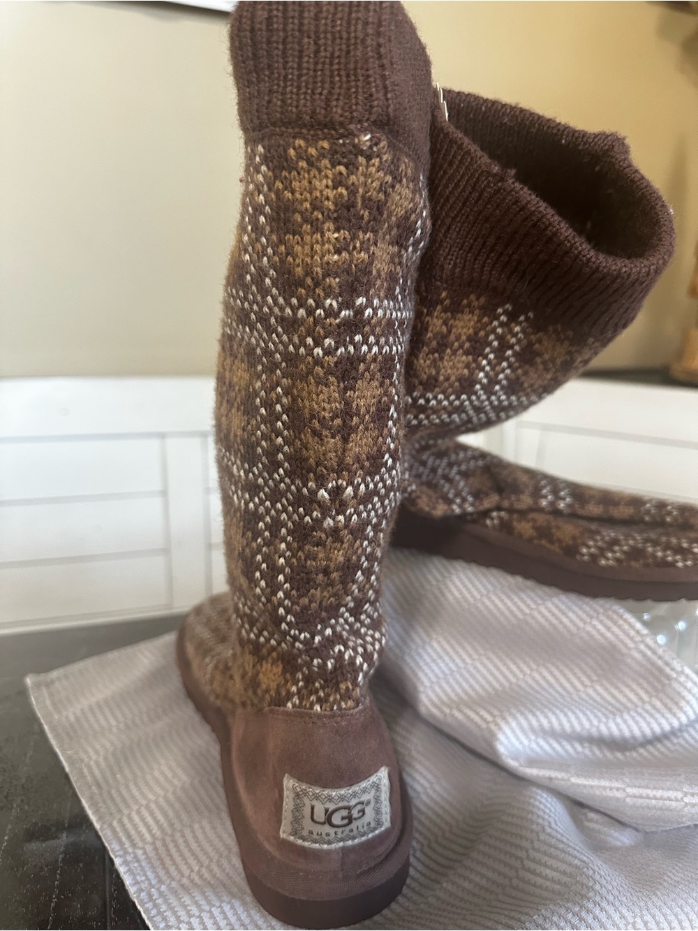 UGG Brown and Cream Patterned Knit Boot-Children’s - Picture 2 of 9